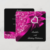 Glitter Hot Pink Heart Bow Black Birthday 2 Kaart (Voorkant / Achterkant)