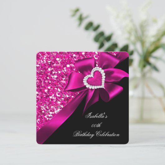 Glitter Hot Pink Heart Bow Black Birthday 2 Kaart (Staand voorkant)