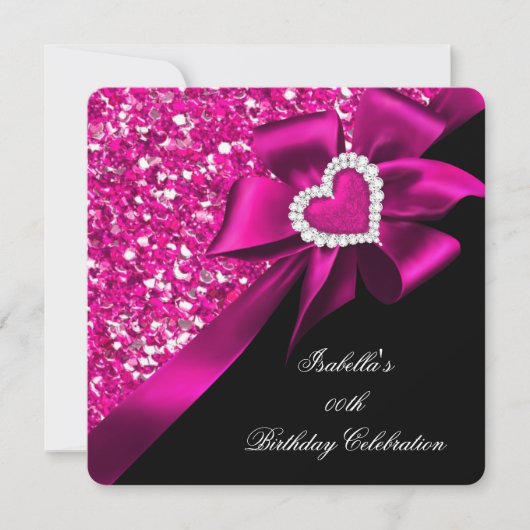 Glitter Hot Pink Heart Bow Black Birthday 2 Kaart (Voorkant)