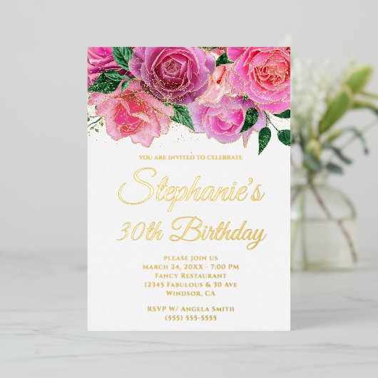 Glitter Hot Pink Roos Glam 30e verjaardag Folie Uitnodiging (Staand Voorkant)