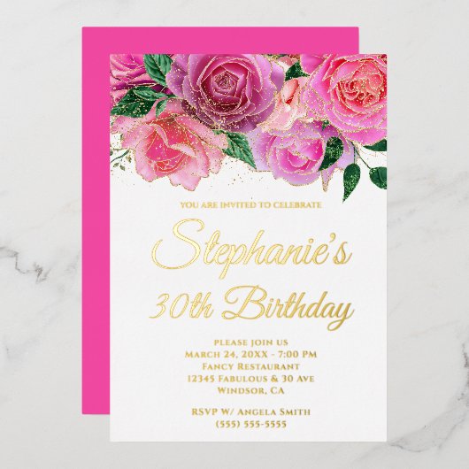 Glitter Hot Pink Roos Glam 30e verjaardag Folie Uitnodiging (Voorkant / Achterkant)