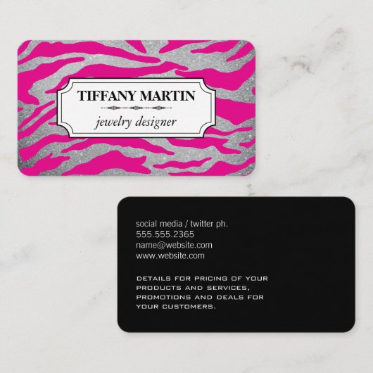 Glitter Hot Pink Zebra Print Visitekaartje (Voorkant / Achterkant)