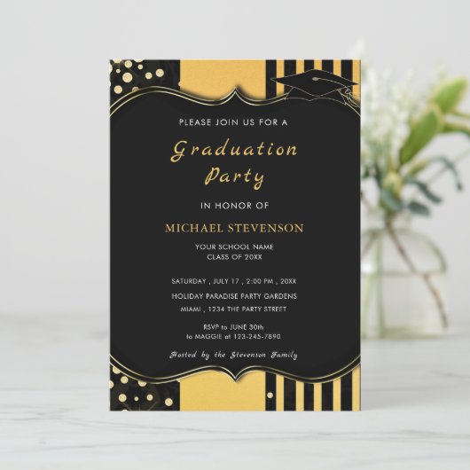 Glitter ingelijst Zwart Goud Afstuderen Invitation (Staand voorkant)