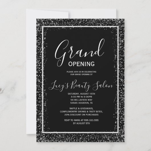 Glitter ingelijst zwart-wit Grand Opening Kaart (Voorkant)