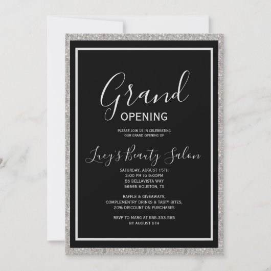 Glitter ingelijst zwart-wit Grand Opening Kaart (Voorkant)