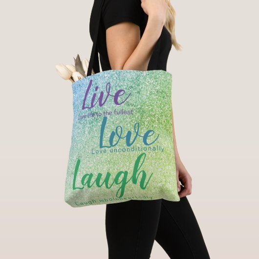 Glitter Inspireren Live Liefde Lach Blauw Groen Pa Tote Bag (Dichtbij)