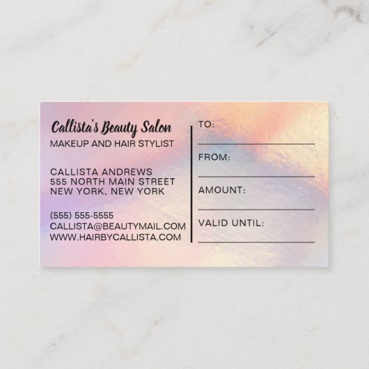 Glitter iriserende cadeaubon visitekaartje (Achterkant)