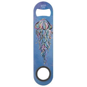 *~* Glitter Jelly Fish Blue Abstracte Waterverf Speed Flessenopener