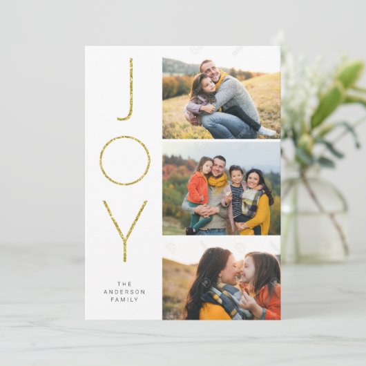 Glitter JOY 3 Gestapelde Afbeeldingen Feestdagenkaart (Staand voorkant)