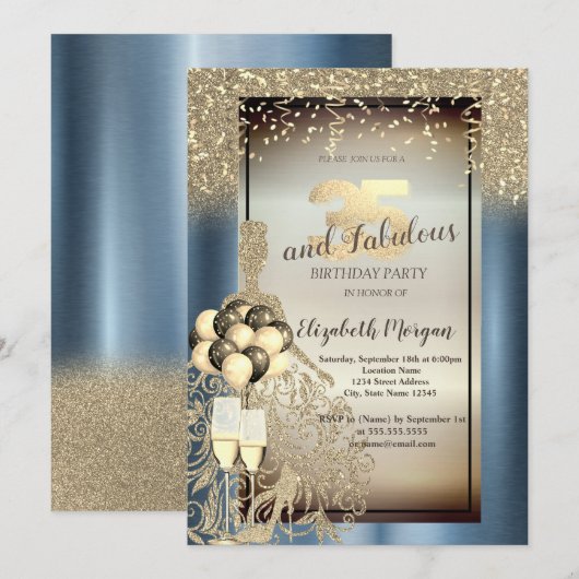 Glitter Jurk, Ballonnen, Blauw Metallic 35e Verjaa Kaart (Voorkant / Achterkant)