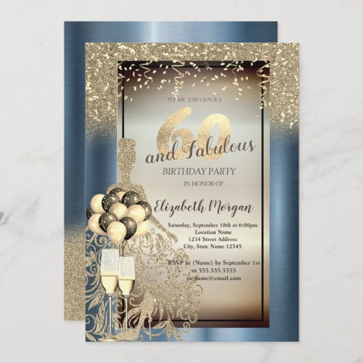 Glitter Jurk, Ballonnen, Blauw Metallic 60e Verjaa Kaart (Voorkant / Achterkant)