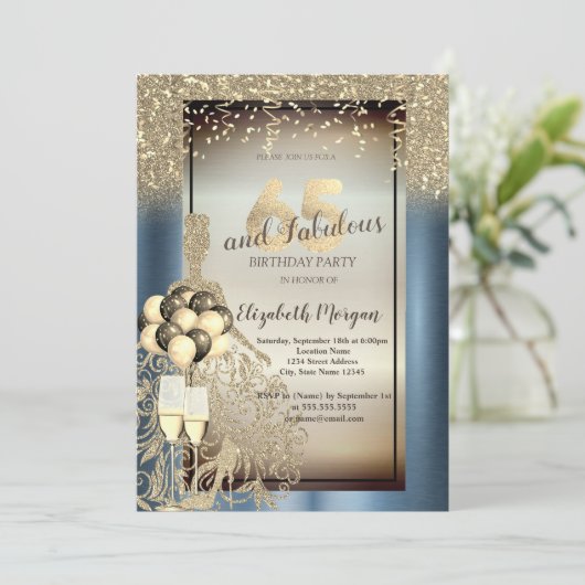 Glitter Jurk, Ballonnen, Blauw Metallic 65e Verjaa Kaart (Staand voorkant)