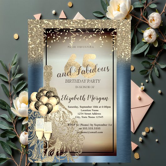 Glitter Jurk, Ballonnen, Blauw Metallic 65e Verjaa Kaart