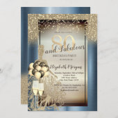 Glitter Jurk, Ballonnen, Blauw Metallic 80e Verjaa Kaart (Voorkant / Achterkant)