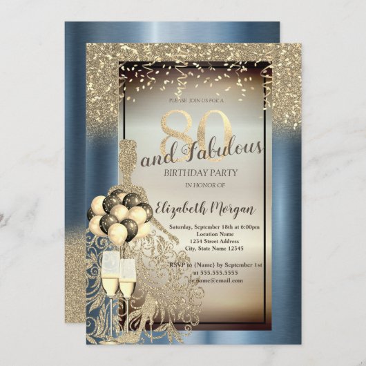 Glitter Jurk, Ballonnen, Blauw Metallic 80e Verjaa Kaart (Voorkant / Achterkant)