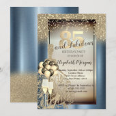 Glitter Jurk, Ballonnen, Blauw Metallic 85e Verjaa Kaart (Voorkant / Achterkant)