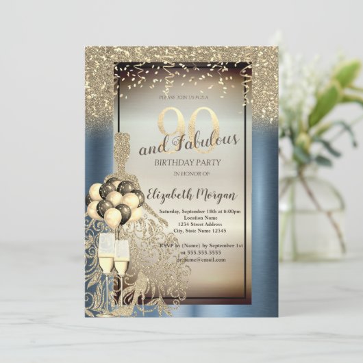 Glitter Jurk, Ballonnen, Blauw Metallic 90ste Verj Kaart (Staand voorkant)