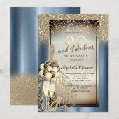 Glitter Jurk, Ballonnen, Blauw Metallic 90ste Verj Kaart (Voorkant / Achterkant)