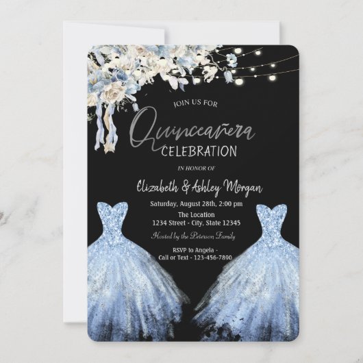 Glitter Jurk Blauw Boho Bloemen Kaart (Voorkant)