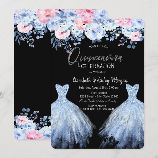 Glitter jurk blauw roze bloemen kaart (Voorkant / Achterkant)