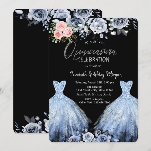 Glitter Jurk Blauw Roze Rozen Kaart (Voorkant / Achterkant)