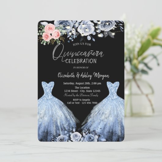 Glitter Jurk Blauw Roze Rozen Kaart (Staand voorkant)