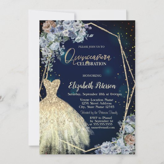 Glitter jurk, blauwe bloemen Quinceanera Kaart (Voorkant)