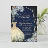 Glitter jurk, blauwe bloemen Quinceanera Kaart (Staand voorkant)