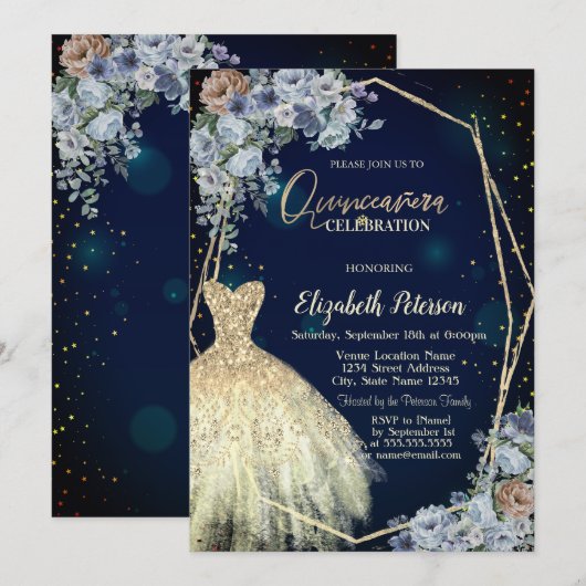 Glitter jurk, blauwe bloemen Quinceanera Kaart (Voorkant / Achterkant)