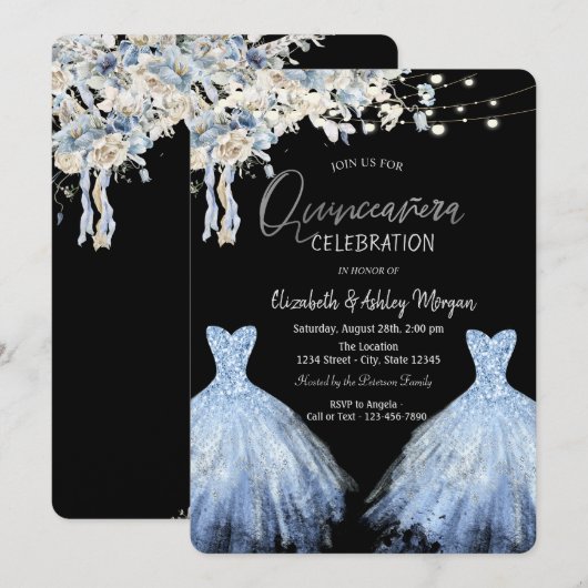 Glitter Jurk Blauwe Boho Bloemen Kaart (Voorkant / Achterkant)