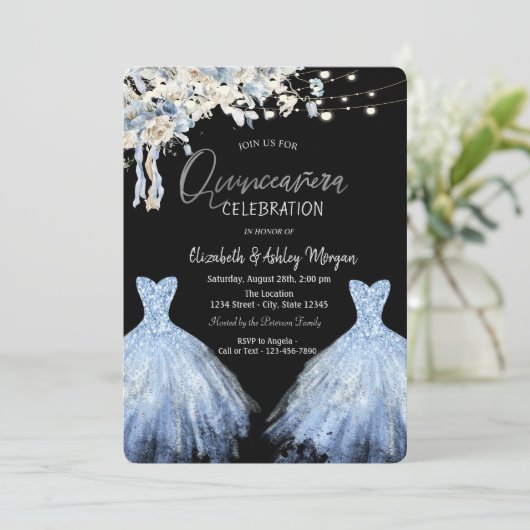 Glitter Jurk Blauwe Boho Bloemen Kaart (Staand voorkant)