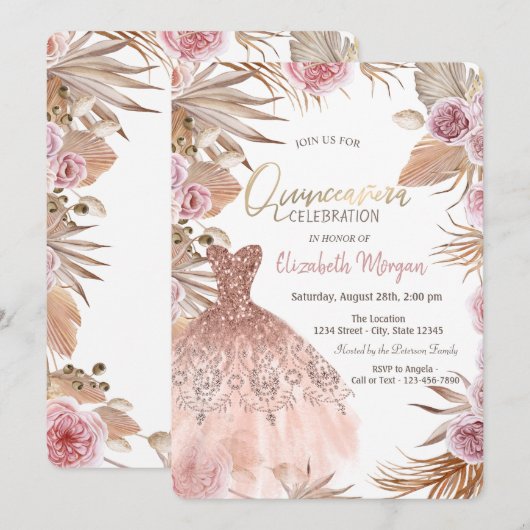 Glitter Jurk Boho Bloemen Quinceañera Kaart