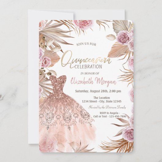 Glitter Jurk Boho Bloemen Quinceañera Kaart (Voorkant)
