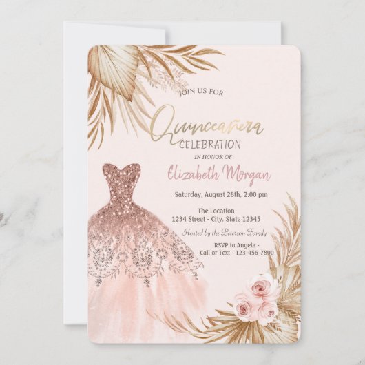  Glitter Jurk Boho Flowers Quinceañera Kaart (Voorkant)