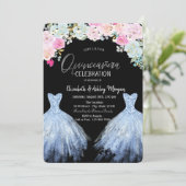 Glitter jurk chique blauw roze bloemen kaart (Staand voorkant)