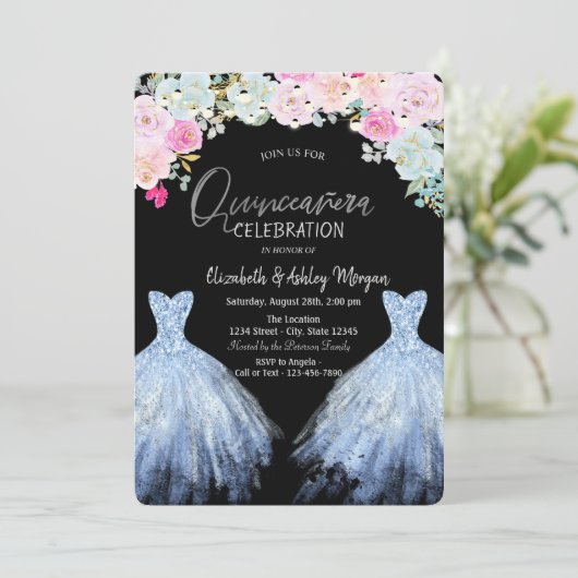 Glitter jurk chique blauw roze bloemen kaart (Staand voorkant)