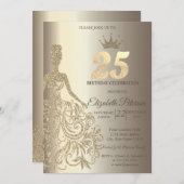 Glitter jurk, diamanten champagne 25e verjaardag kaart (Voorkant / Achterkant)