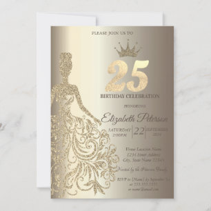 Glitter jurk, diamanten champagne 25e verjaardag kaart