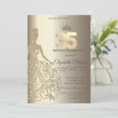 Glitter jurk, diamanten champagne 35e verjaardag kaart (Staand voorkant)