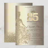 Glitter jurk, diamanten champagne 85e verjaardag kaart (Voorkant / Achterkant)