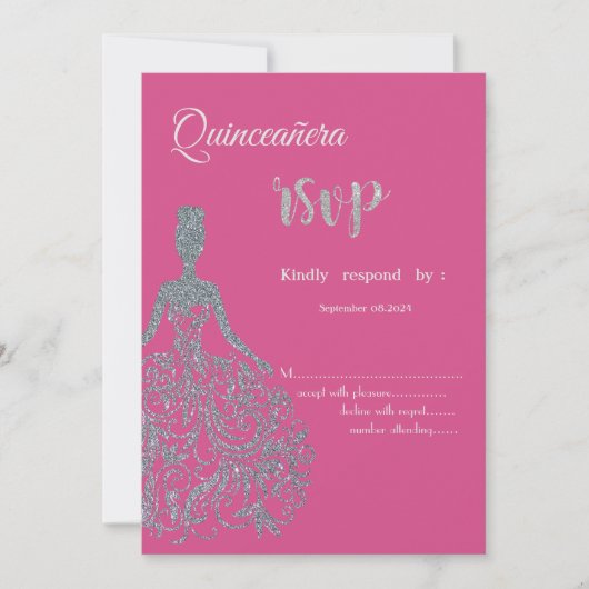 Glitter jurk Fuschia Quinceanera RSVP uitnodiging (Voorkant)