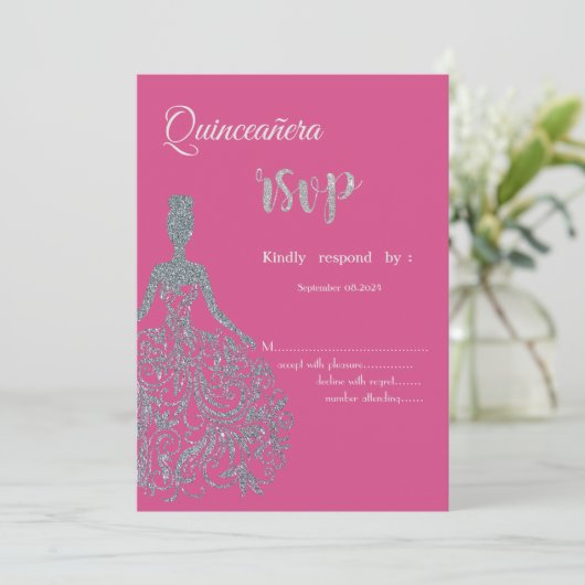 Glitter jurk Fuschia Quinceanera RSVP uitnodiging (Staand voorkant)