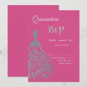 Glitter jurk Fuschia Quinceanera RSVP uitnodiging (Voorkant / Achterkant)