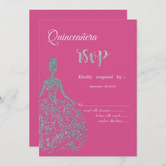 Glitter jurk Fuschia Quinceanera RSVP uitnodiging (Voorkant / Achterkant)