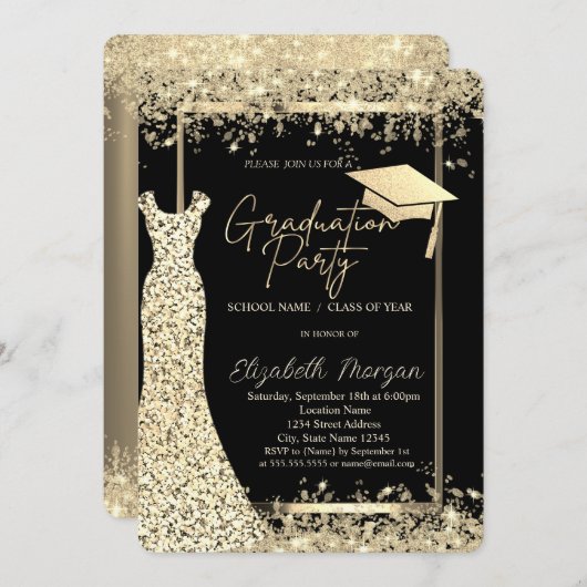 Glitter Jurk Goud Confetti Afstuderen Kaart (Voorkant / Achterkant)