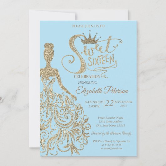 Glitter jurk, tiara, diamanten lichtblauw zoet 16 kaart (Voorkant)