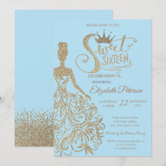 Glitter jurk, tiara, diamanten lichtblauw zoet 16 kaart (Voorkant / Achterkant)