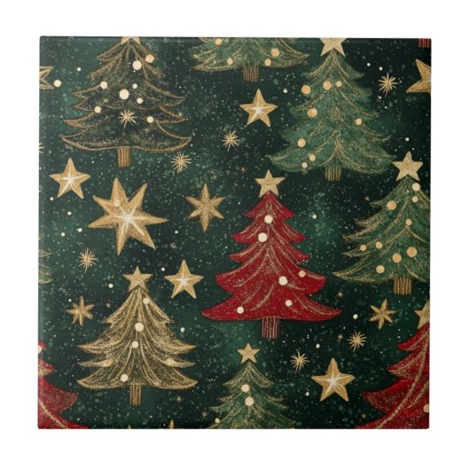 Glitter Kerstbomen & Sterren (1) Tegeltje (Voorkant)