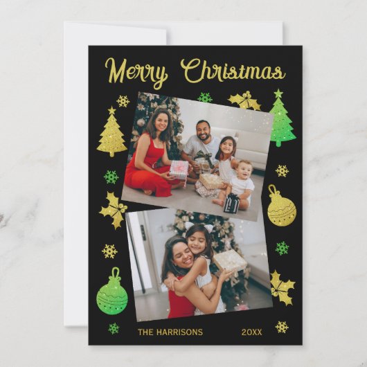 Glitter Kerstboom Jolly Leaf Foto Zwart Feestdagenkaart (Voorkant)