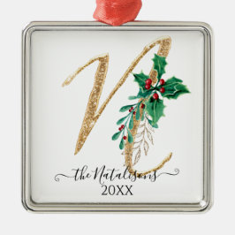 Glitter Kerstmis Holly Foliage Monogram N Metalen Ornament